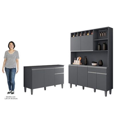 Cozinha Compacta Alice E Balcão Gabinete Com Tampo Tatiane 120cm Cinza - Ajl Móveis