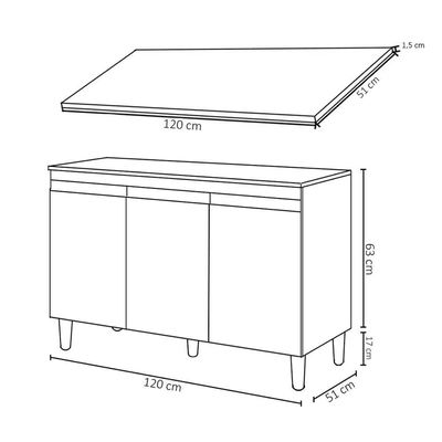 Balcão Gabinete 120cm 3 Portas Com Tampo Manu Preto - Ajl Móveis