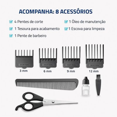 Máquina de Cortar Cabelo Mondial Pratic Style CR-10 com 8 Acessórios, Lâminas em Aço Inox Azul / Bivolt