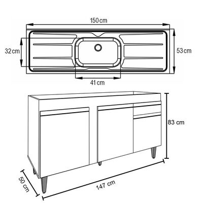 Balcão Gabinete Com Pia Inox 150cm 3 Portas 1 Gaveta Dakota Branco - Lumil