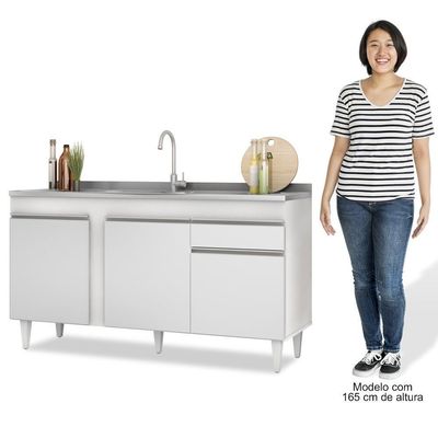 Balcão Gabinete Com Pia Inox 150cm 3 Portas 1 Gaveta Dakota Branco - Lumil