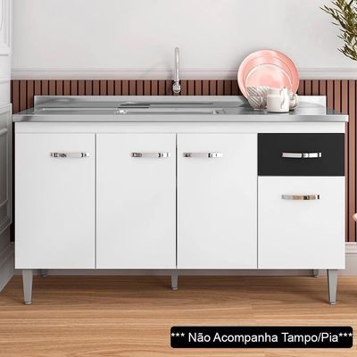 Balcão Gabinete Para Pia 150cm 4 Portas 1 Gaveta Gabriela Branco-preto - Ajl Móveis