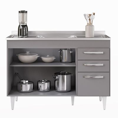 Balcão Gabinete Com Pia Inox 120cm 3 Portas 2 Gavetas Suécia Cinza - Lumil