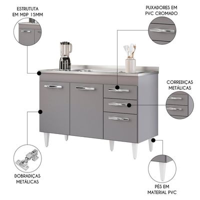 Balcão Gabinete Com Pia Inox 120cm 3 Portas 2 Gavetas Suécia Cinza - Lumil