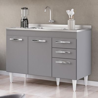 Balcão Gabinete Com Pia Inox 120cm 3 Portas 2 Gavetas Suécia Cinza - Lumil