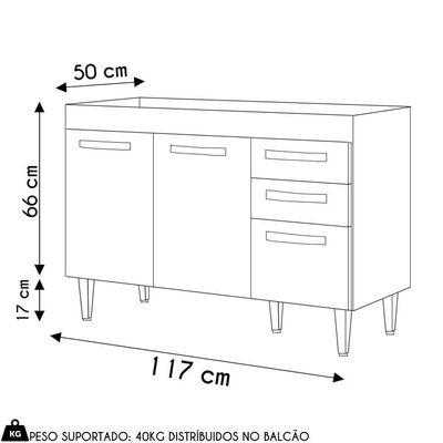 Balcão Gabinete Para Pia 120cm 3 Portas Sem Tampo Suécia Cinza - Lumil