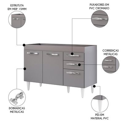 Balcão Gabinete Para Pia 120cm 3 Portas Sem Tampo Suécia Cinza - Lumil