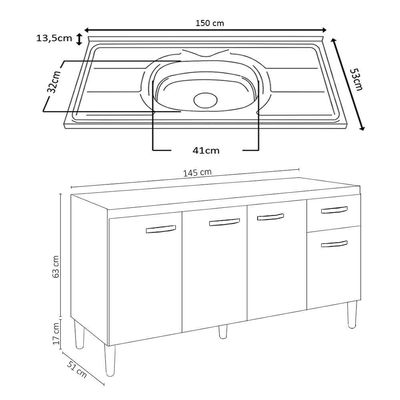 Balcão Gabinete Com Pia Inox 150cm 4 Portas E 1 Gaveta Gabriela Cinza - Ajl Móveis