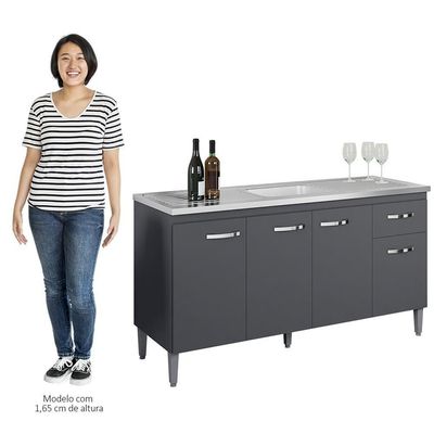 Balcão Gabinete Com Pia Inox 150cm 4 Portas E 1 Gaveta Gabriela Cinza - Ajl Móveis