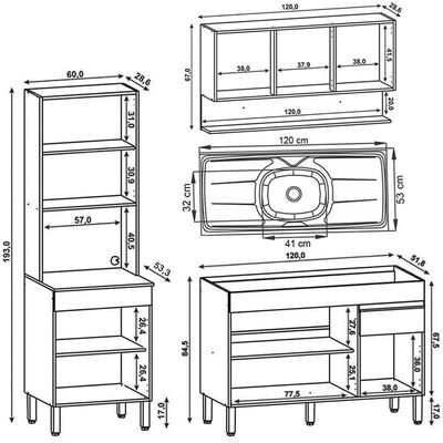 Armário De Cozinha 4 Peças Balcão 120cm Com Pia Lina09 K02 Gris-freijó - Mpozenato