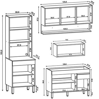 Armário De Cozinha 4 Peças Balcão Sem Tampo 120cm Lina04 K02 Gris-freijó - Mpozenato
