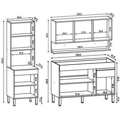Armário De Cozinha 3 Peças Balcão 120cm Sem Tampo Lina03 Z06 Gris-freijó - Mpozenato