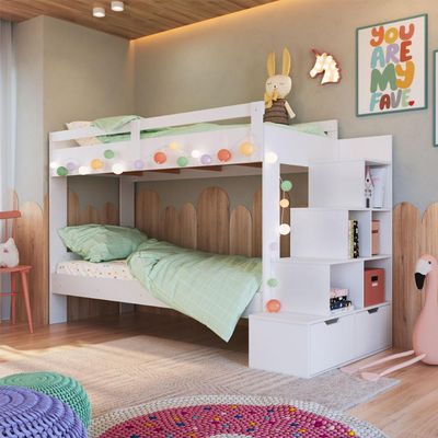 Beliche Infantil com Escada, Nichos e Gavetas Branca