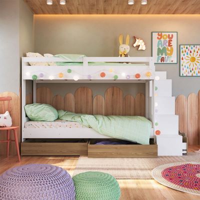 Beliche Infantil com Escada, Nicho e Gavetas Branco e Aveiro