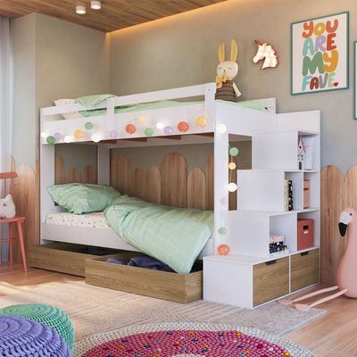 Beliche Infantil com Escada, Nicho e Gavetas Branco e Aveiro