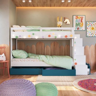 Beliche Infantil com Escada, Nicho e Gavetas Branco com Azul
