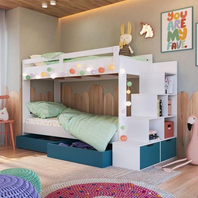 Beliche Infantil com Escada, Nicho e Gavetas Branco com Azul