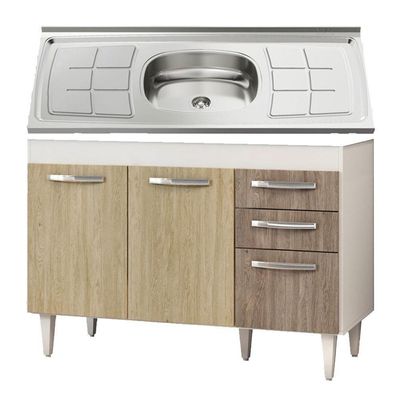 Balcão Gabinete Suécia E Pia Inox 120cm 3 Portas - Lumil Móveis Branco