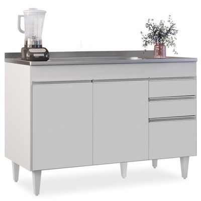 Balcão Gabinete Com Pia Inox 120cm Michigan Branco - Lumil