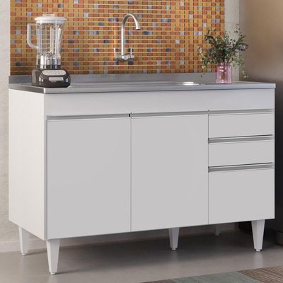 Balcão Gabinete Com Pia Inox 120cm Michigan Branco - Lumil