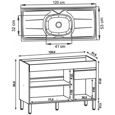 Balcão Gabinete 3 Portas Com Pia 120cm Lina K02 Supremo - Mpozenato
