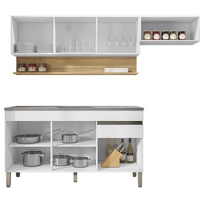 Armário De Cozinha 4 Peças Balcão Com Pia 150cm Lina18 K02 Supremo-freijó - Mpozenato