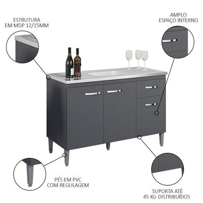 Balcão Gabinete Com Pia Inox 120cm 3 Portas E 1 Gaveta Gabriela Cinza - Ajl Móveis