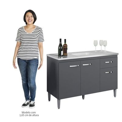 Balcão Gabinete Com Pia Inox 120cm 3 Portas E 1 Gaveta Gabriela Cinza - Ajl Móveis