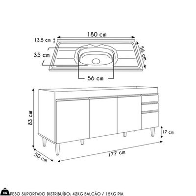 Balcão De Cozinha Com Pia Inox 180cm 4 Portas Dallas Cinza Claro - Lumil