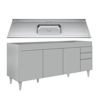 Balcão De Cozinha Com Pia Inox 180cm 4 Portas Dallas Cinza Claro - Lumil