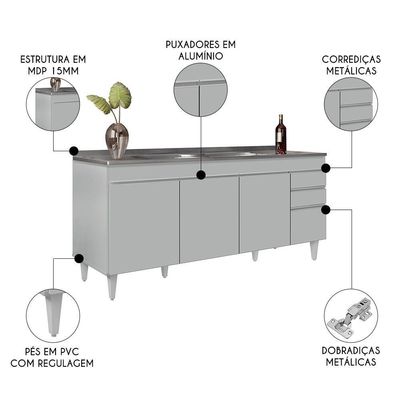 Balcão De Cozinha Com Pia Inox 180cm 4 Portas Dallas Cinza Claro - Lumil