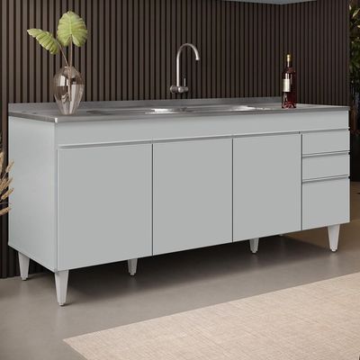 Balcão De Cozinha Com Pia Inox 180cm 4 Portas Dallas Cinza Claro - Lumil