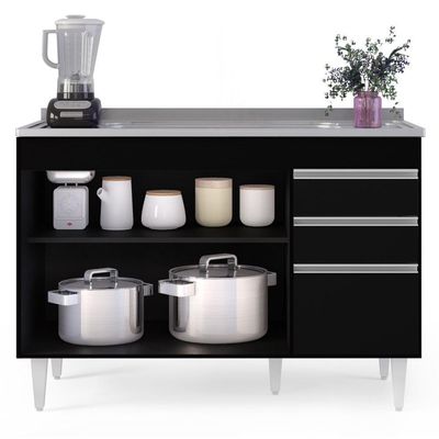 Balcão Gabinete Com Pia Inox 120cm Michigan Preto - Lumil