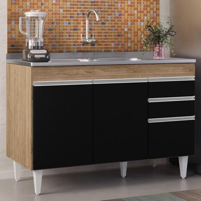 Balcão Gabinete Com Pia Inox 120cm Michigan Castanho-preto - Lumil
