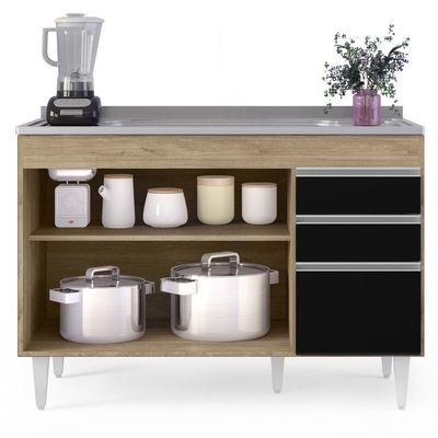 Balcão Gabinete Com Pia Inox 120cm Michigan Castanho-preto - Lumil