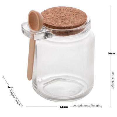 Conjunto 4 Pote Porta Temperos de Vidro Tampa de Rolha 240ml Colher de Bambu Lyor