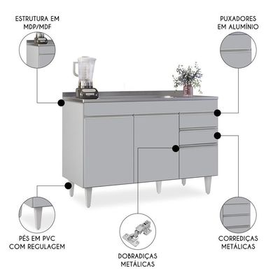 Balcão De Cozinha Com Pia Inox 120cm 3 Portas Michigan Cinza Claro - Lumil
