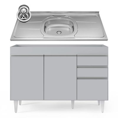 Balcão De Cozinha Com Pia Inox 120cm 3 Portas Michigan Cinza Claro - Lumil