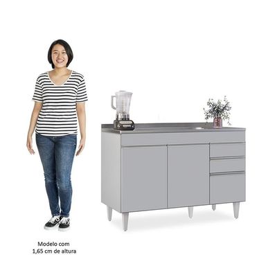 Balcão De Cozinha Com Pia Inox 120cm 3 Portas Michigan Cinza Claro - Lumil
