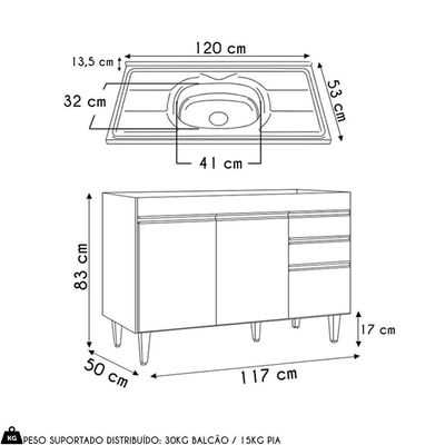 Balcão De Cozinha Com Pia Inox 120cm 3 Portas Michigan Cinza Claro - Lumil