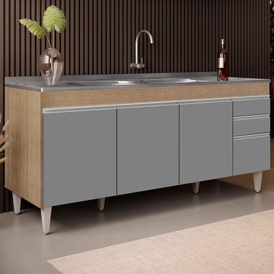 Balcão Gabinete Com Pia 180cm Dallas Castanho-cinza - Lumil