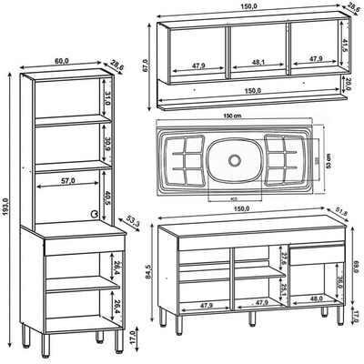 Armário De Cozinha 4 Peças Balcão 150cm Com Pia Lina19 K02 Gris-freijó - Mpozenato