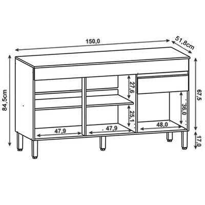 Balcão Gabinete Para Pia Sem Tampo 150cm Lina K02 Gris - Mpozenato