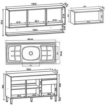 Armário De Cozinha 4 Peças Balcão Com Pia 150cm Lina18 K02 Gris-freijó - Mpozenato