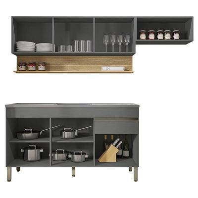 Armário De Cozinha 4 Peças Balcão Com Pia 150cm Lina18 K02 Gris-freijó - Mpozenato