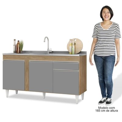 Balcão Gabinete Com Pia Inox 150cm 3 Portas 1 Gaveta Dakota Castanho-cinza - Lumil