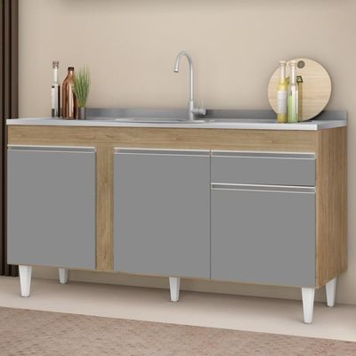 Balcão Gabinete Com Pia Inox 150cm 3 Portas 1 Gaveta Dakota Castanho-cinza - Lumil