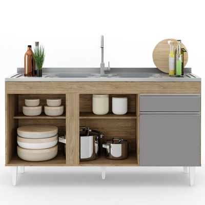 Balcão Gabinete Com Pia Inox 150cm 3 Portas 1 Gaveta Dakota Castanho-cinza - Lumil