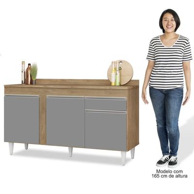 Balcão Gabinete Para Pia Com Tampo 150cm 3 Portas 1 Gaveta Dakota Castanho-cinza - Lumil