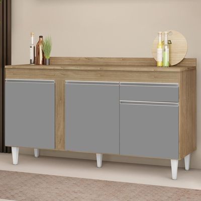 Balcão Gabinete Para Pia Com Tampo 150cm 3 Portas 1 Gaveta Dakota Castanho-cinza - Lumil